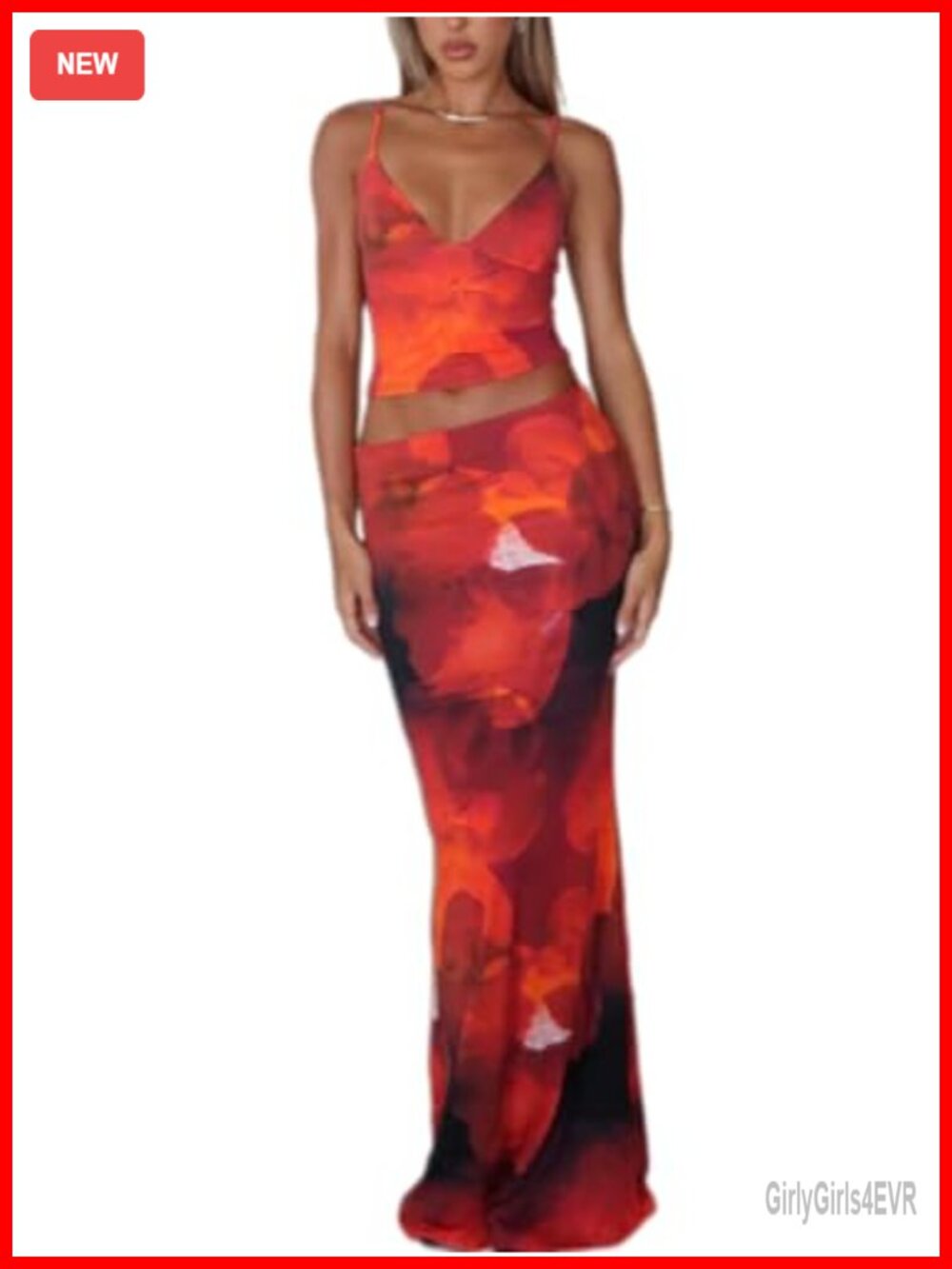 Floral Print Halter Maxi Skirt Set 2 Piece Sleeveless Deep V Neck Summer Outfit